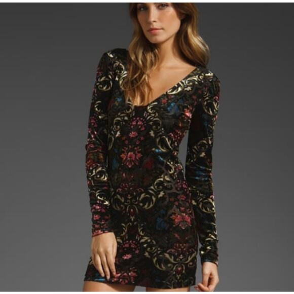 Free People Floral Velvet Burnout Bodycon Long Sleeves Dress - Picture 1 of 13
